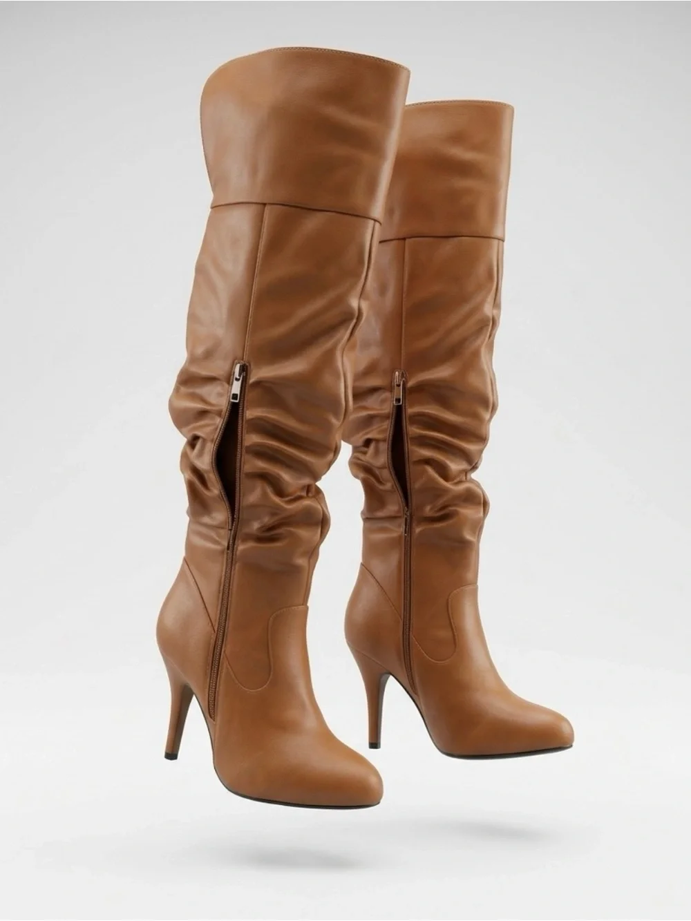 Tall Slouchy Leather-Look Knee-High Boots in Tan